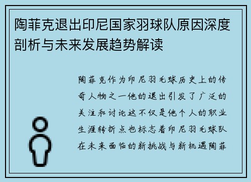 陶菲克退出印尼国家羽球队原因深度剖析与未来发展趋势解读